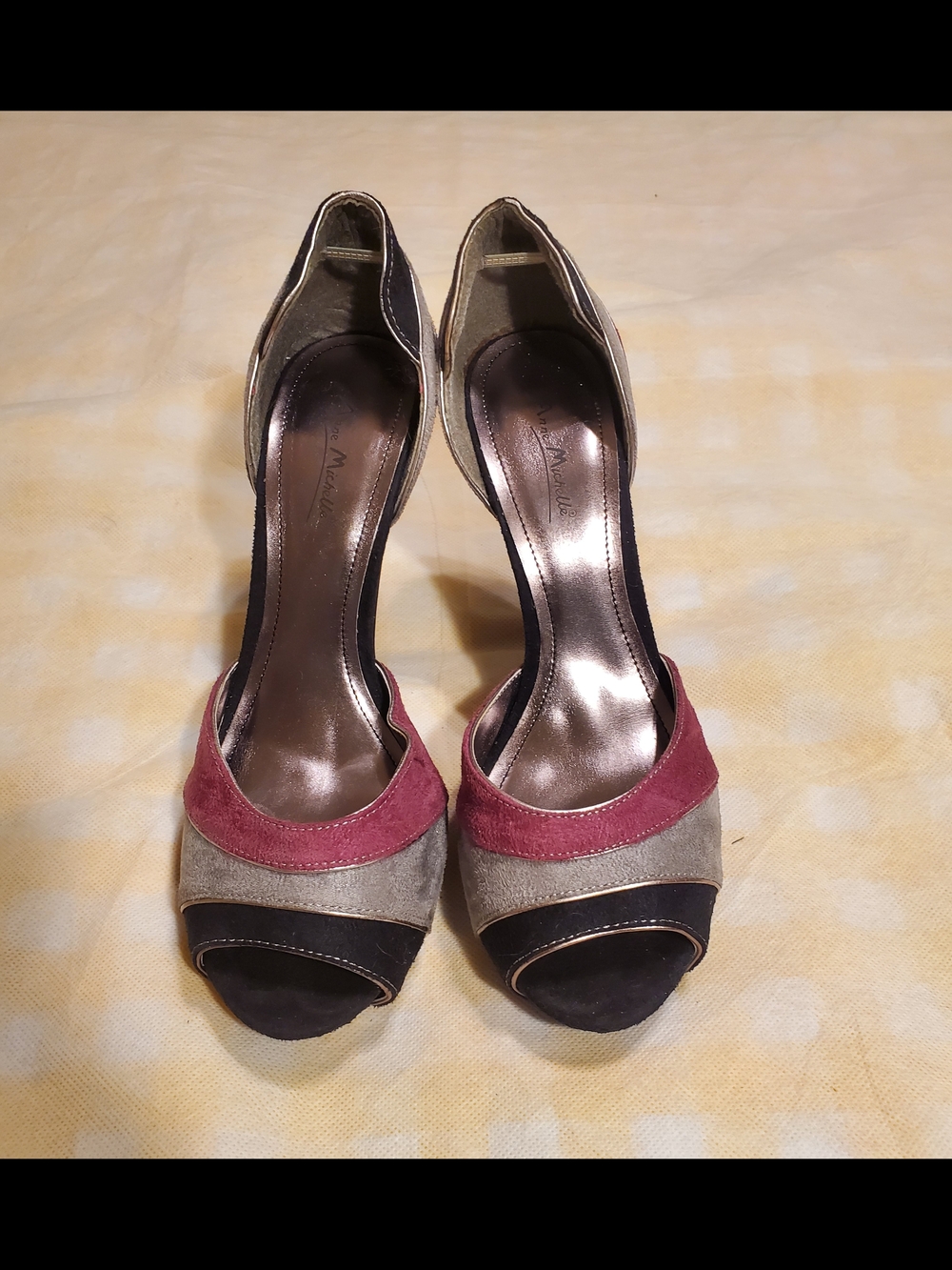 Anne Michelle Colorblock Suede D'Orsay Peep-Toe Heels in Burgundy, Taupe & Black